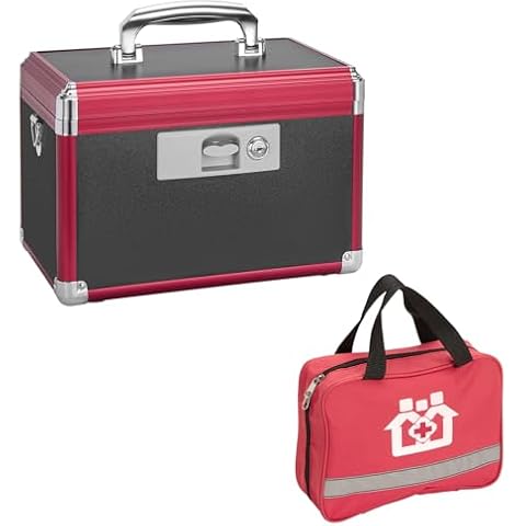 GODLONSEN Medicine Lock Box, Medication Lock Box With Key, Locked Medicine Box, Medicine Safe Lock Box, Medicine Box With Lock 11.4 x 7.6 x 7.6 Inch 【Medium】+ First Aid Bag - Black Red Cover