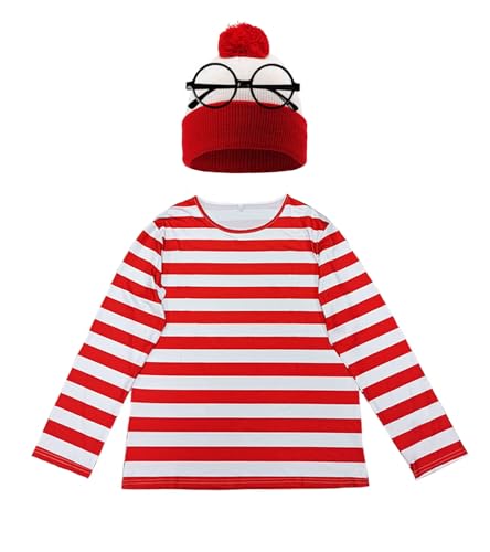 Focupaja Red and White Striped Suits Halloween Costume Long Sleeve Shirt Hat Glasses Cosplay Outfit Unisex K-S