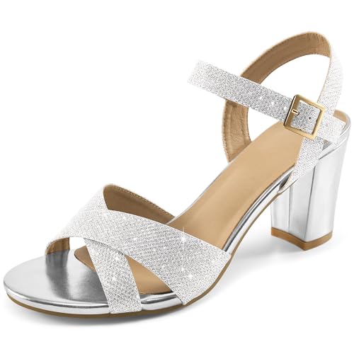 HARENCE Chunky Heels for Women Wedding: Fashion Sparkly Dressy Shoes Open Toe Ankle Strap Heeled Sandal for Prom Party