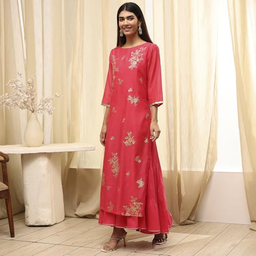 Image of Biba Women's Poly Chanderi 3 /4 Sleeves Calf Length Round Neck A-Line Casual Dress