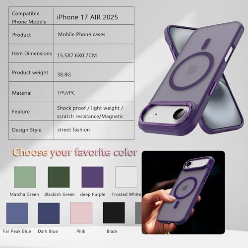 Image of Magnetic for iPhone 17 Air Phone Case, [Compatible with MagSafe], Screen Protector X1, [Military Grade Drop Protection],Matte Finish,Slim,Shockproof,Protective (Purple, iPhone 17 air)