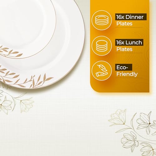 PLASTICPRO 32 Pack Elegant Disposable Plastic Plates Combo Set Includes 16 Dinner Plates and 16 Salad Plates Heavy Duty Fancy Party Plates White & Gold Flower Design - Image 6