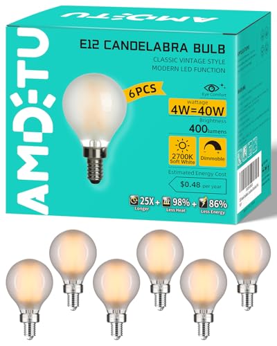 AMDTU 40W E12 Frosted Globe LED Bulbs, 2700K Warm White Dimmable Candelabra Base, Eye-Comfort Technology, Flicker-Free Decorative Lighting for Chandeliers, Dining Room, Vanity, and Bathroom Fixtures