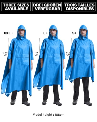 Coutyuyi Wasserdicht Regenponcho Unisex, Wiederverwendbar Regenjacken 3 in 1 Multifunktionaler Regencape mit Tasche Regenmantel Regenschutz für Wanderungen,Camping（Himmelblau,L）