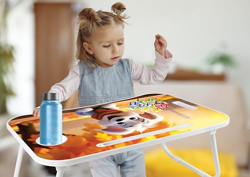 Image of Amazon Brand - Jam & Honey Foldable Laptop Table with Cup Holder & iPad Holder | with Ludo Dice and Pawns | Work Desk Accessories for Reading, Studying | Cute Dog | Engineered Wood, 60.6cm, 38.7cm