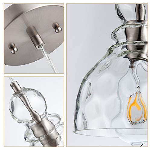 LANROS Farmhouse Mini Pendant Lighting with Handblown Clear Hammered Glass Shade, Adjustable Cord Ceiling Light Fixture for Kitchen Island Hallway Kitchen Sink, Brushed Nickel, 7inch - Image 3