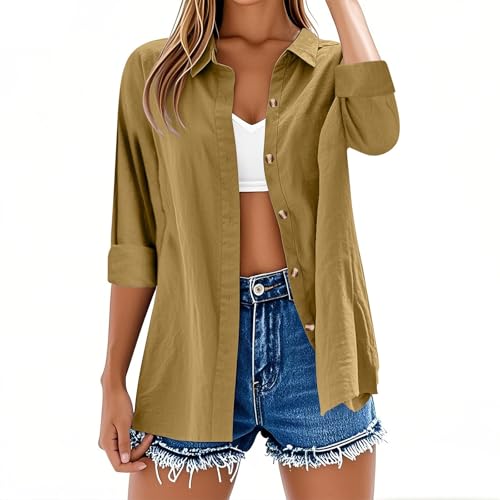 Camisetas de manga larga para mujer, estilo casual, con botones, de lino y algodón, manga enrollable, color liso, talla grande, holgada, a la moda, cuello en V, camisetas de gran tamaño, ligero