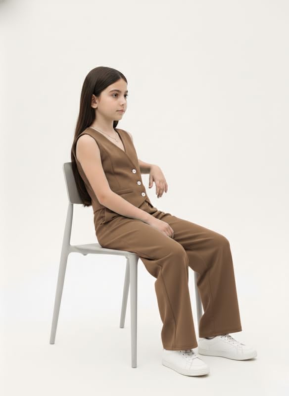PABROS Kids Clothes for Girls of Two-Piece Set, Sleeveless Button Front Vest with Wide Leg Pants Set, Cotton Textured Fabric, Summer Dress for Girls Brown 2