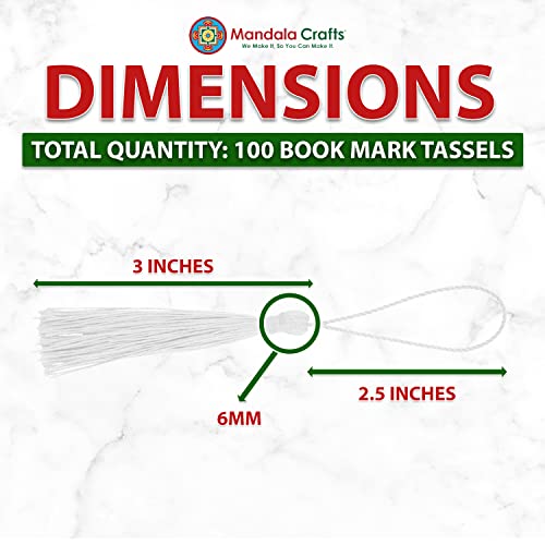 Image of Mandala Crafts Small White Bookmark Tassels - 100 Bulk Silky Mini Craft Tassels with Loops for Bookmarks, Jewelry Making, Graduation Decorations, and Keychains