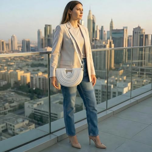 Image of Elegant Half Round Chinc Woven PU Leather Lou Top Handle Bag for Women Formal Evening Clutch Purses