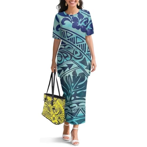 Image of Polynesian Dress for Women Short Sleeve High Waist Maxi Skirt | Puletasi dress, t-shirt and skirt two-piece, elastic material, lightweight, soft, plus size, luau party, wedding, clubwear