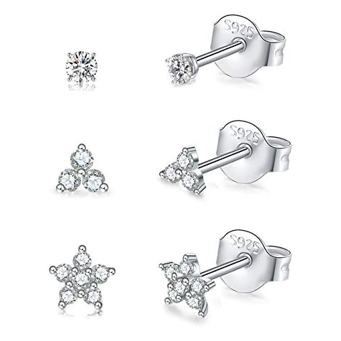 Sterling Silver Stud Earrings for Women, 3 Pairs Tiny Flower Earrings Set, Small Cubic Zirconia Helix Earrings Dainty Tragus Cartilage Studs Cherry Blossom Ear Piercing Jewelry Gifts for Teens Cover