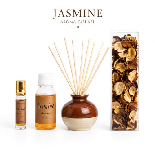 Image of AuraDecor Reed Diffuser Gift Set with Potpourri, Fragrance Oil & 6 Reed Sticks | Air Freshener for Living Room, Bedroom & Office | Decorative Aroma Diffuser Gift Set (Jasmine, X-Large)