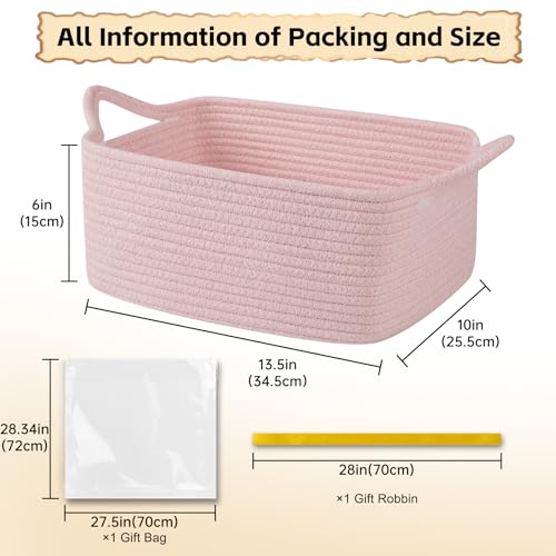 Image of OIAHOMY Woven Basket, Gift Basket Empty with Gift Bags and Ribbons, Rope Baskets for Baby Showers, Storage Baskets with Handles for Nursery, Pet Toy Organizer - Mixed Pink