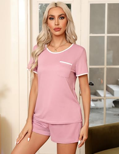 Image of Ekouaer Pajama Set for Women 2 Piece Lounge Set Short Sleeve Tops and Shorts Soft Sleepwear, Chest Pocket