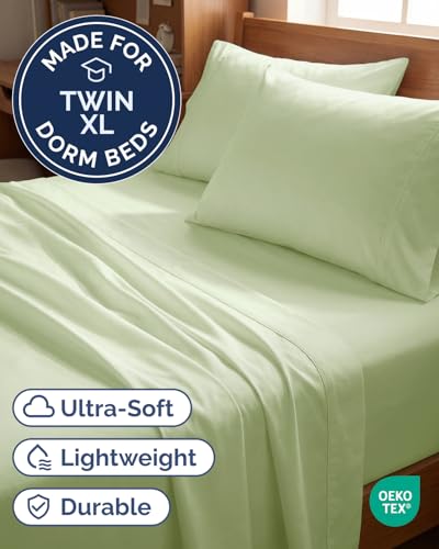 Image of Twin XL 4 Piece Sheet Set - College Dorm Room Essentials - Light Sage | Ultra Soft Dorm Bedding Set, 8 inch to 16 inch Inch Deep Pockets, 1 Flat & 1 Fitted Sheet & 2 Pillowcases, Wrinkle & Fade Free