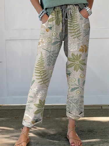 Womens Summer Boho Floral Cotton Linen Pants Drawstring Elastic High Waist Casual Loose Trousers with Pockets2