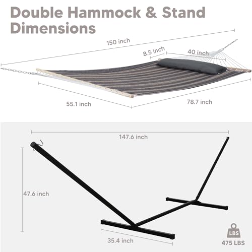 Image of SUNCREAT Hammock with Stand 2 Person Heavy Duty, Freestanding Hammock with Spreader Bar, Soft Pillow, Gray Stripes