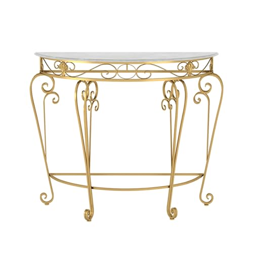 Yclty Table Console Demi-Lune avec Pieds en Métal À Volutes, Table D'entrée avec Plateau en Faux Marbre, Table D'appoint en Demi-Cercle pour Salon, Couloir, Entrée, Petits Espaces(Gold,60x30x70cm)