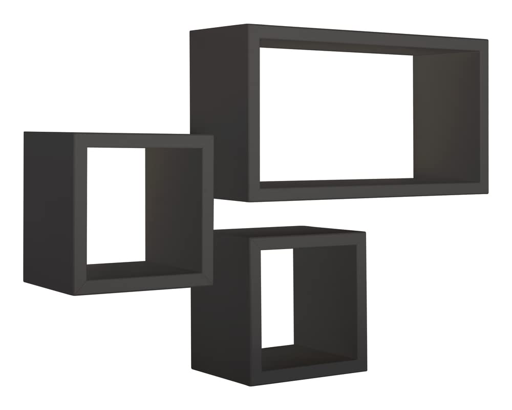 MODULARREDO | TRIBU Set di 3 Mensole da Muro, Cubi Arredo, Mensole Cubo, Parete, Portaoggetti, 44x24 e 20x20 cm, Nero - Made in Italy