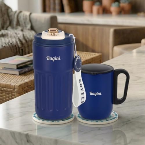 Image of Giftana 3 in 1 Personalized Tumbler 420ml with Coffee Mug & 2 Coasters - Customized Gift Set for Men & Women, Ideal for Husband, Father, Corporate Gifts for Employee (Blue)