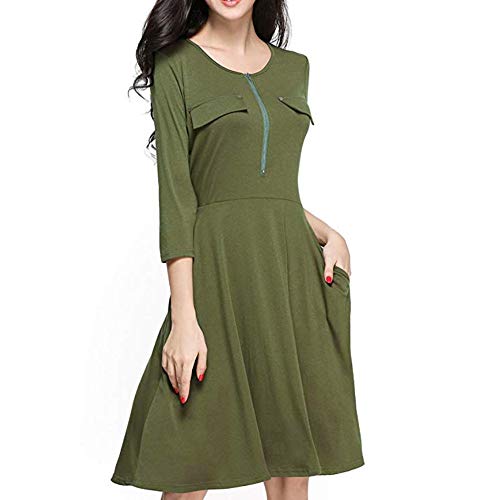 Women's Solid Color O Neck 3/4 Length Sleeve Front Zipper Dresses Cocktail Party Bodycon Pencil Dress with Pockets Army Green