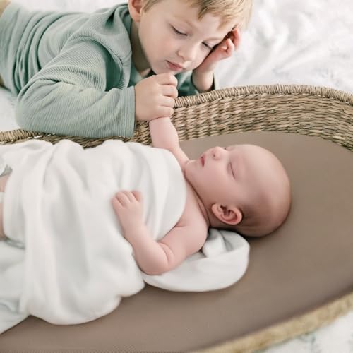 Image of GRSSDER Stretchy Ultra Soft Fitted Bassinet Sheet 2 Pack, Universal Fit for Bassinets Baby Cradle Moses Basket Oval Rectangle Mattress Safe and Snug, Jersey Bassinet Sheets for Baby, Beige & Coffee