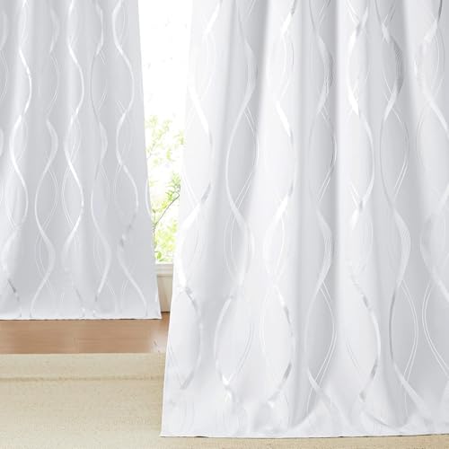 NICETOWN Room Darkening Curtain Panels for Living Room, 52 inches by 90 inches, Greyish White, Home Fashion Decor Foil Printed Wave Lines Thermal Insu