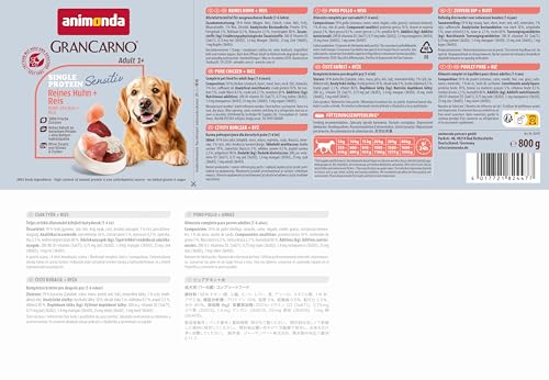 animonda GranCarno Hunde Nassfutter Sensitiv Reines Huhn + Reis (6 x 800g), getreidefreies Hundenassfutter ohne Zucker, für ausgewachsene Hunde, mit frischen fleischigen Zutaten