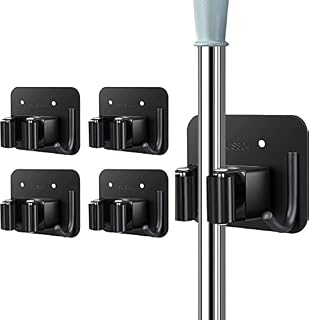 Mop Broom Holder, Fydesion 4 Pcs Stainless Steel Mop Holder Broom Holder Wall Mounted Tool Rack for Bathroom Kitchen Office Closet Garden Garage, Self-Adhesive and Screw Installation Ways, Black