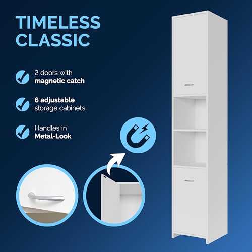 CASARIA® Naples Tall Bathroom Storage Cabinet | Slim Freestanding Bathroom Cupboard with 6 Adjustable Shelves | Narrow White Bathroom Storage Unit for Small Spaces, Hallway or Kitchen 180x30x30cm - Image 5