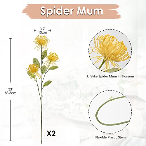 Oairse 4'' Large Artificial Chrysanthemum Flower 6 Flower Head with 84cm Long Stem Yellow Fake Flowers Faux Spider Mums Flowers for Autumn Decor Wedding Flora Arrangement Bridal Bouquet - Image 2