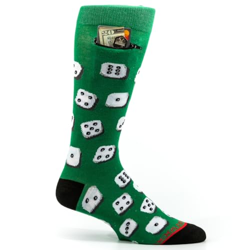 Fashion Print Crew Socks for Men - Anti Theft Novelty Dress Socks w/Hidden Zipper Stash Spot Pocket for Travel ID, Keys, Cash - Dice on Green