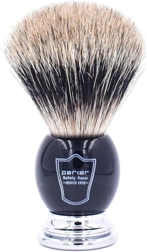 Image of Parker Pure Badger Shaving Brush with Stand - Black & Chrome Handle, 22mm Knot | Rich Lather for Soap & Cream | Handcrafted Wet Shaving Brush for Men | Premium Grooming Tool