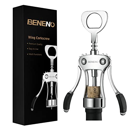 Beneno Wine Opener, Zinc Alloy Premium Wing Corkscrew with Multifunctional Bottles Opener, Sharp Wine Corkscrew with Ergonomic Non-Slip Wing Handle, Upgrade