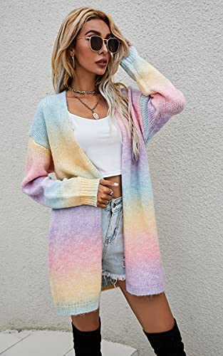 Ecowish Women's Casual Open Front Knit Cardigans Long Sleeve Colorful Sweater Coat With Pockets #TOP1