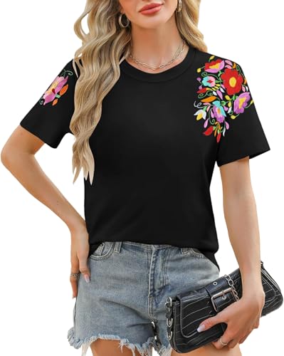 Mexican Shirts for Women: Floral Embroidered T-Shirt Cinco De Mayo Tees Mexico Fiesta Tops Casual Boho Tunic