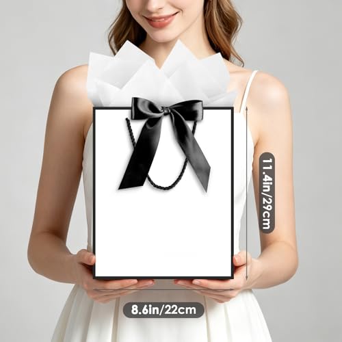 Image of JMANNI Gift Bags with Handles, 11.4 inch Small Mothers Day Gift Bag for Presents, 2 Pcs Bags with 4 Tissue Paper and 2 Cards for Baby Shower Wedding Bridal Shower Mother's Day Birthday Party (white-black)