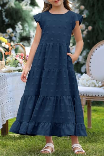 HOSIKA Girls Maxi Dress Ruffle Sleeve Swiss Dot A Line Tiered Flowy Casual Party Dresses with Pockets for 6-12 Y2