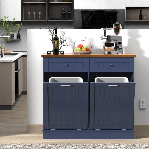 Tilt Out Trash Cabinet,Antique-Style Beadboard Kitchen Island with Solid Wood Tabletop & Drawer, Pet Proof Trash Can, Wood Laundry Cabinet (Blue, Double Door)