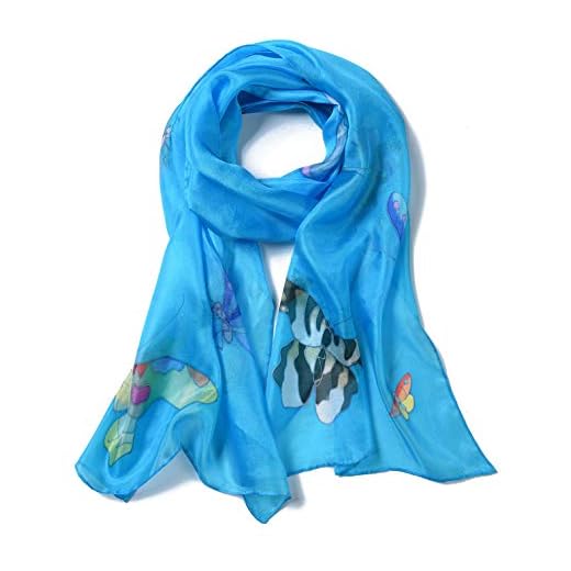 Invisible World Pañuelo Cabeza de Seda Foulard de Pelo Ligera Pintado a Mano para Mujer Mariposa Turquesa