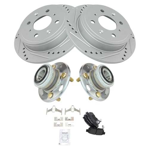 Image of TRQ Performance Rear Brake Pad and Rotor Set Semi Metallic Coated Drilled Slotted Rotors Compatible with 1990-1994 Acura Integra