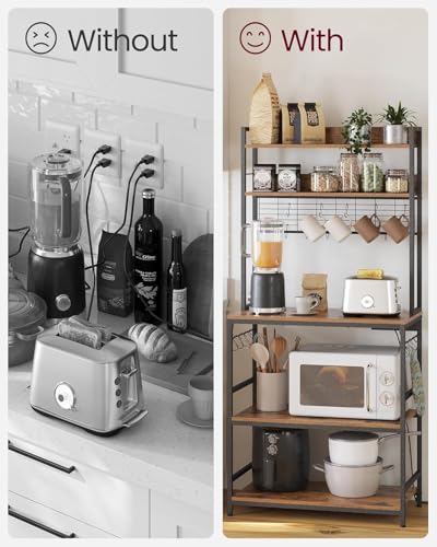 Image of 5-Tier Kitchen Organizer Rack|Multipurpose Microwave Stand for Kitchen Platform & OTG Oven|Steel Utensils Storage Shelf with Hooks | Engineered Wood & Metal Rack for Home | 80x40x170 cm | Rustic Brown