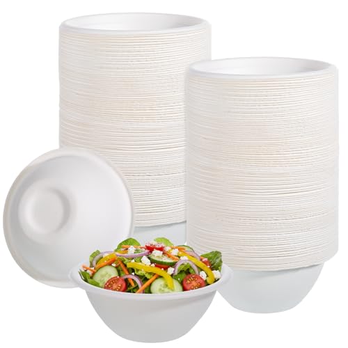 Exclaith 300 Pack Disposable Paper Bowls Bulk, 8 oz Heavy-Duty Compostable Bowl, White Bowls Eco Friendly Sugarcane Bagasse Bowl, for Salad, Dessert, Milk, Cereals