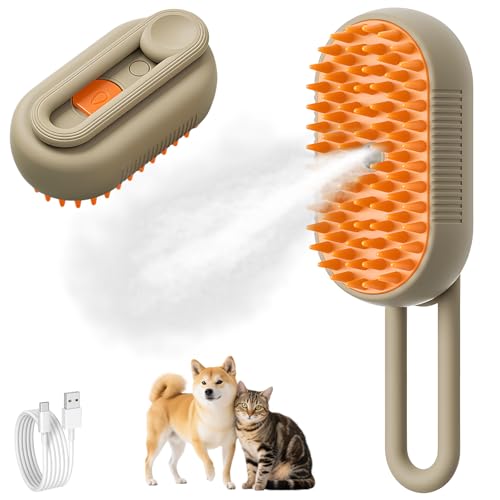 Spazzola a Vapore per Gatti e Cani, 3-In-1 Multifunzionale spazzola a vapore per cani, Degli Animali Domestici con Ricaricabile, Vaporosa per Gatti Capelli Lunghi/Corti (caffè
