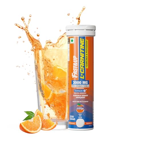 Fast&Up L Carnitine 3000mg Effervescent Tablets | Triple Action L Carnitine Supplement with Garcinia Cambogia & Potassium | Fat Burner for Weight Loss | Controls Cravings I Reduces Bloating I Orange Flavour (Pack of 1)