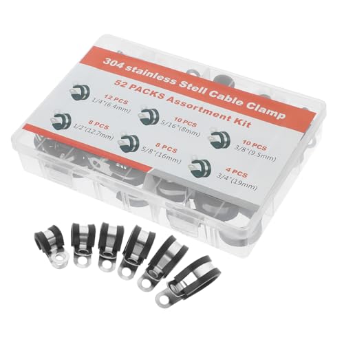 Unomor 52pcs Assorted Stainless Steel Clamps Kit Cable Clips Rubber Coating for Home Marine Use