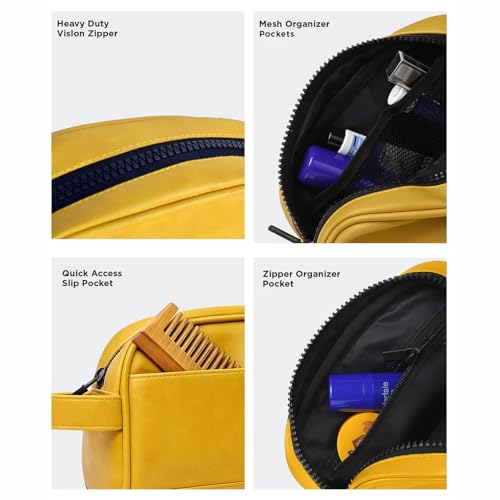 Image of COUNSELOR Toiletry Bag for Men & Women, Vegan Leather Toiletry Organizer, Shaving Kit Bag & Grooming, Travel Toiletry Pouch with Handle, Multiple Compartment, Unisex Travel Organizer Swift (Mustard)