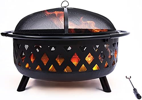 Project One Crossweave Outdoor Fire Pit - 36 Inch Large Bonfire Wood Burning Patio & Backyard Firepit for Outside with Spark Screen, Poker, and Round Fireplace Cove