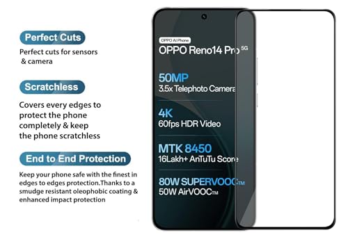 Image of HD Tempered Glass Screen Protector Compatible for Oppo Reno 14 Pro 5G with Edge to Edge coverage and Easy Installation kit